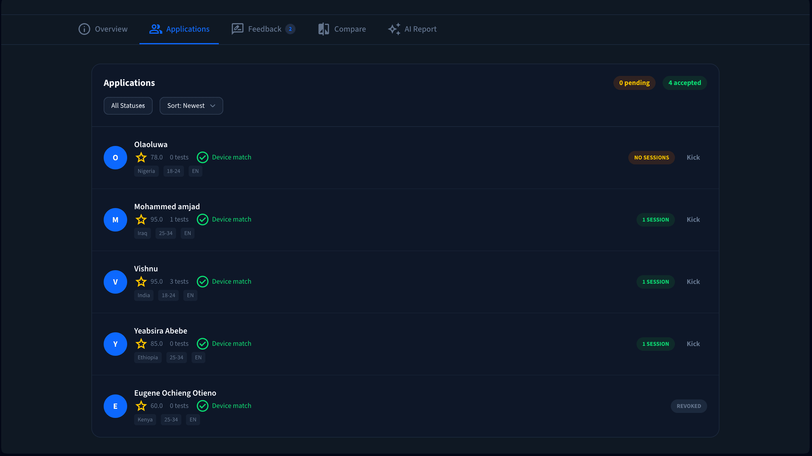 TestFi tester applications — view reputation scores, location, and device match